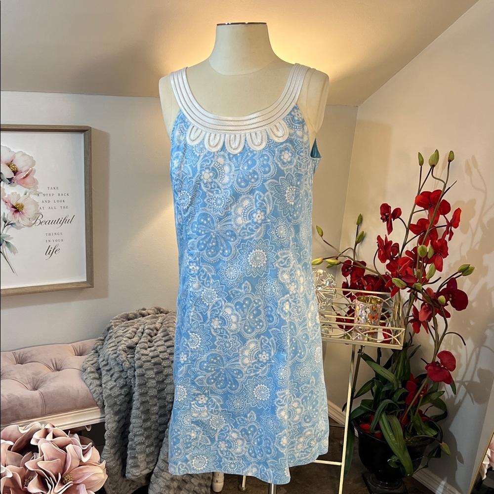 LOFT Summer Coastal Blue Floral Shift Dress w/White Trim Accents Size 8